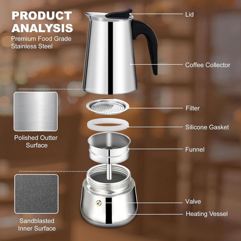 DITOSH 4 Cup Stovetop Espresso Maker Stainless Steel Moka Pot Stove Top Percolator Italian Coffee Makers Capable Mocha Greca Machine Cafe Classic Induction Cookers for Home and Camping 200ml 6.6oz - Image 4